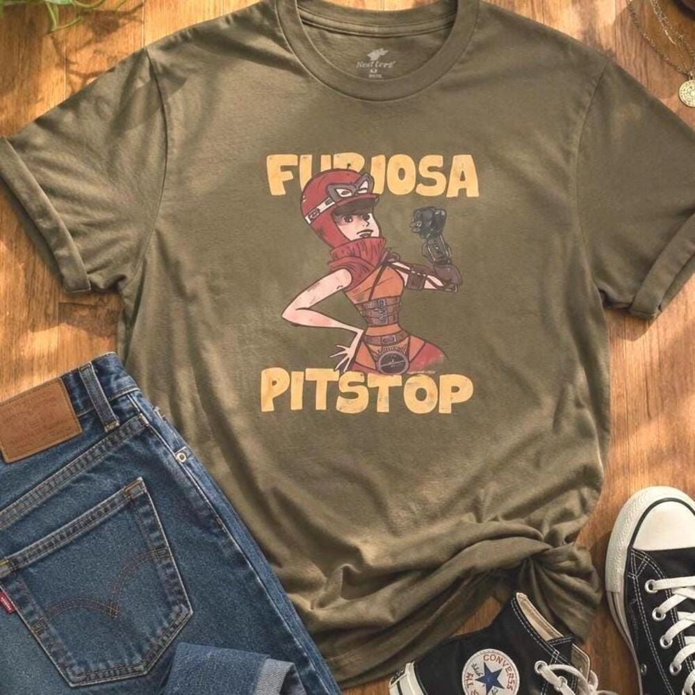 Furiosa Pitstop Graphic Tee XL | Olive Green Gamer Shirt | Indie Retro Graphic T
